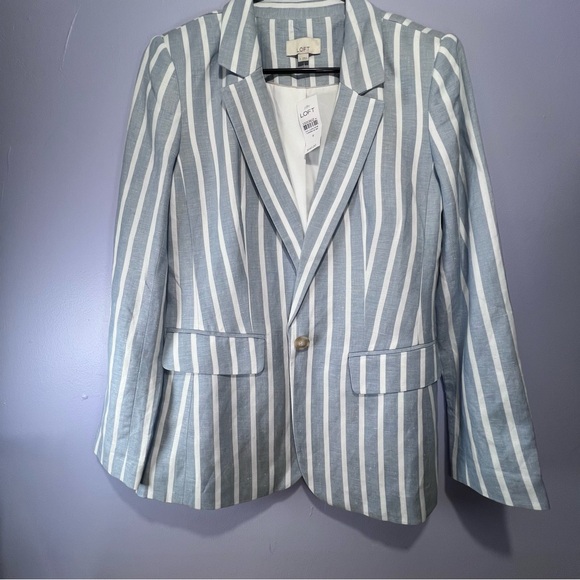 Loft Blue and White Vertical Stripe Linen Blend Blazer - Size 8 - NWT - Picture 7 of 12
